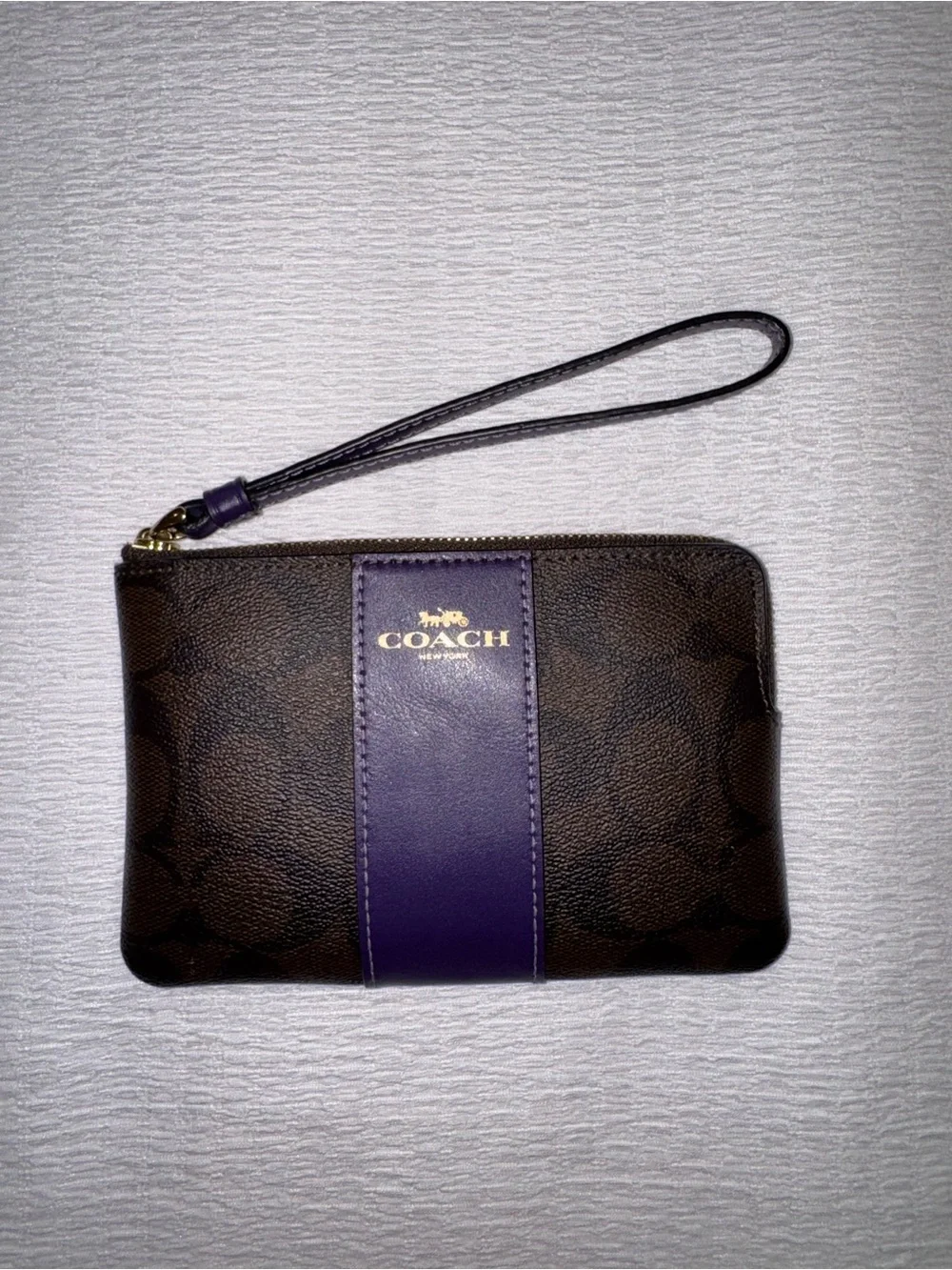Coach Brown Signature Wristlet with Purple Center Stripe
